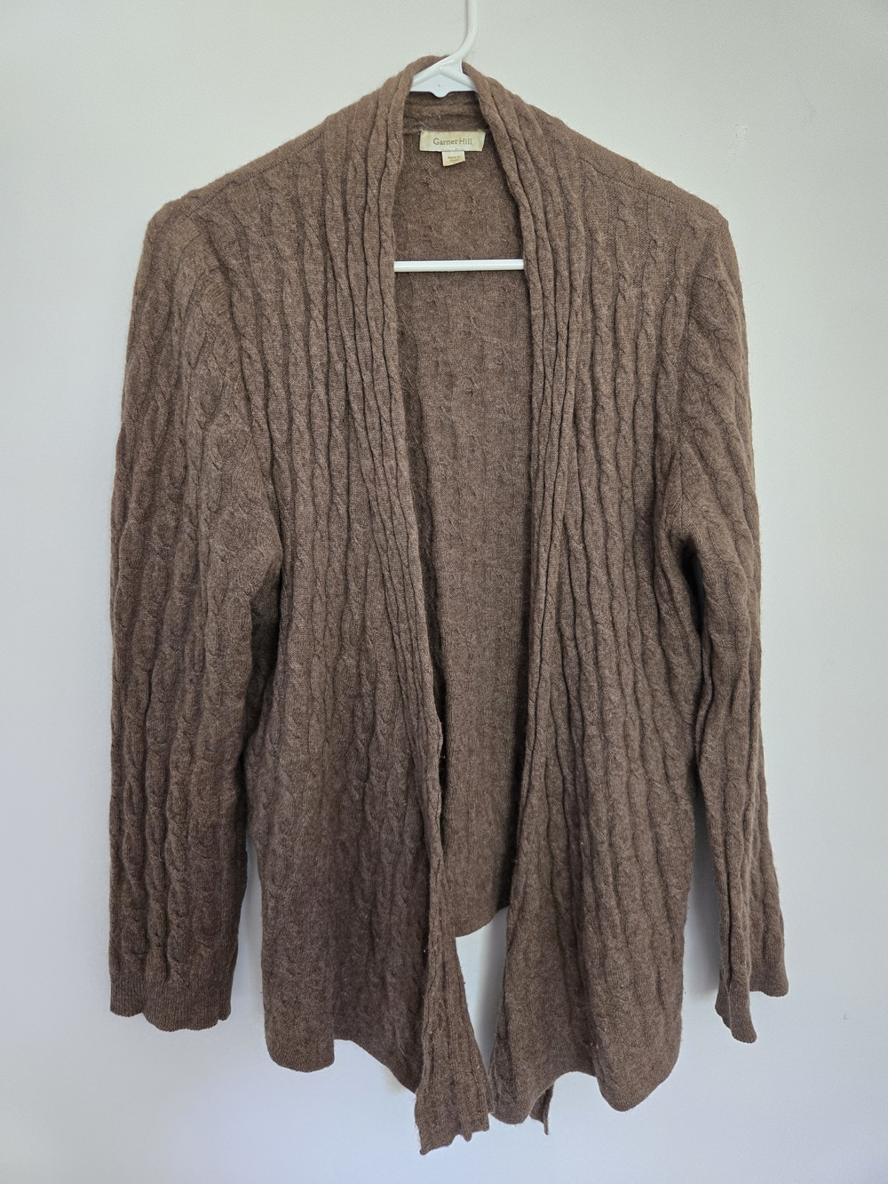 Garnet Hill Cable Knit Open-Front Cardigan Cashmere Sweater Fall Staple L